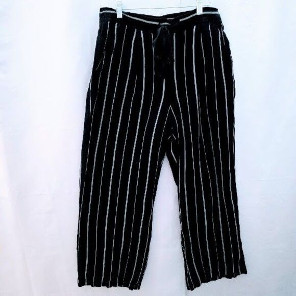 a new day Black Striped Linen Blend Wide Leg Tapered Ankle Pull On Pant L Beach - Picture 1 of 9